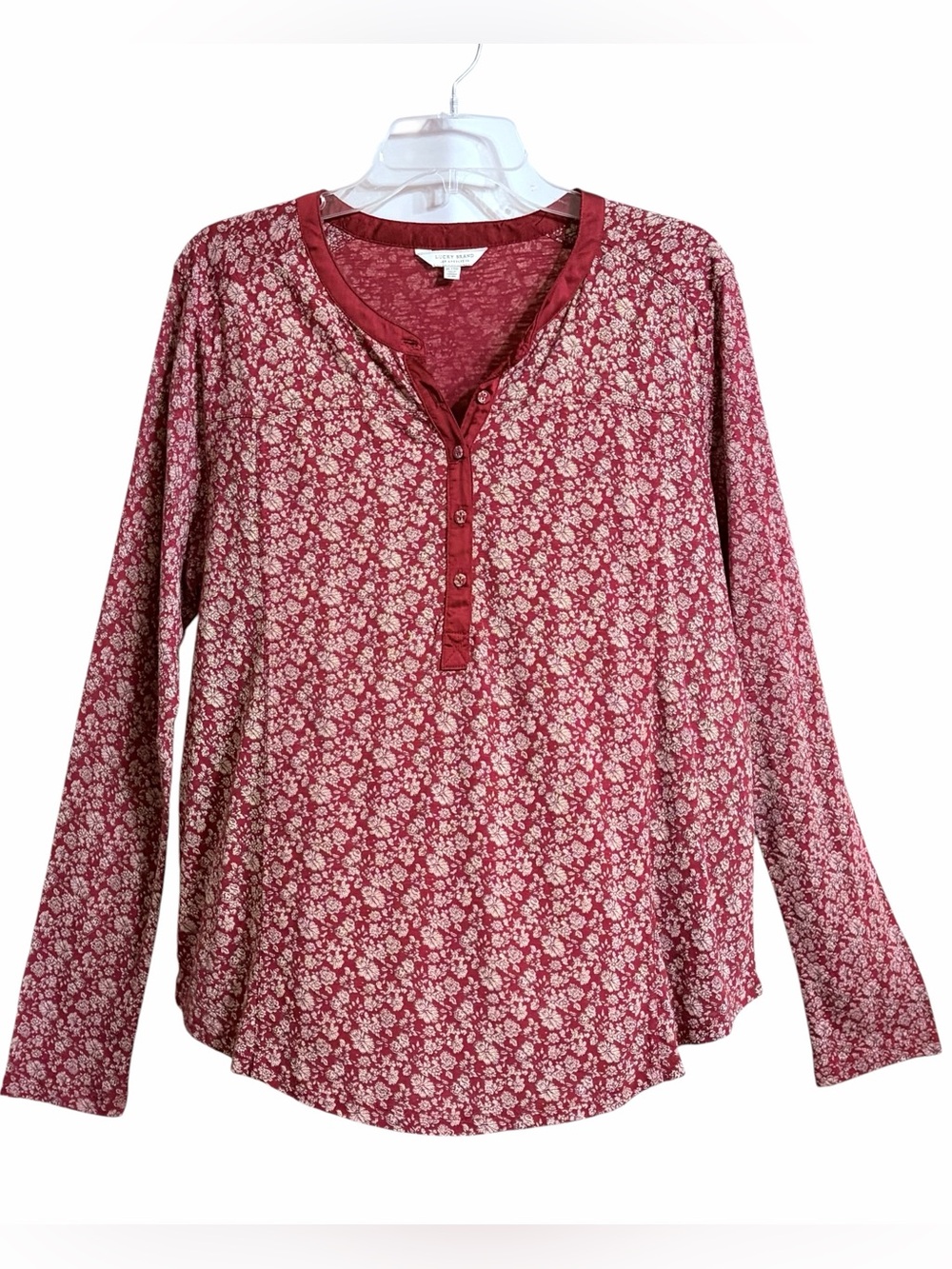 Lucky Brand Dark Floral Boho Henley Top Womens XL Red Lightweight Stretch Staple